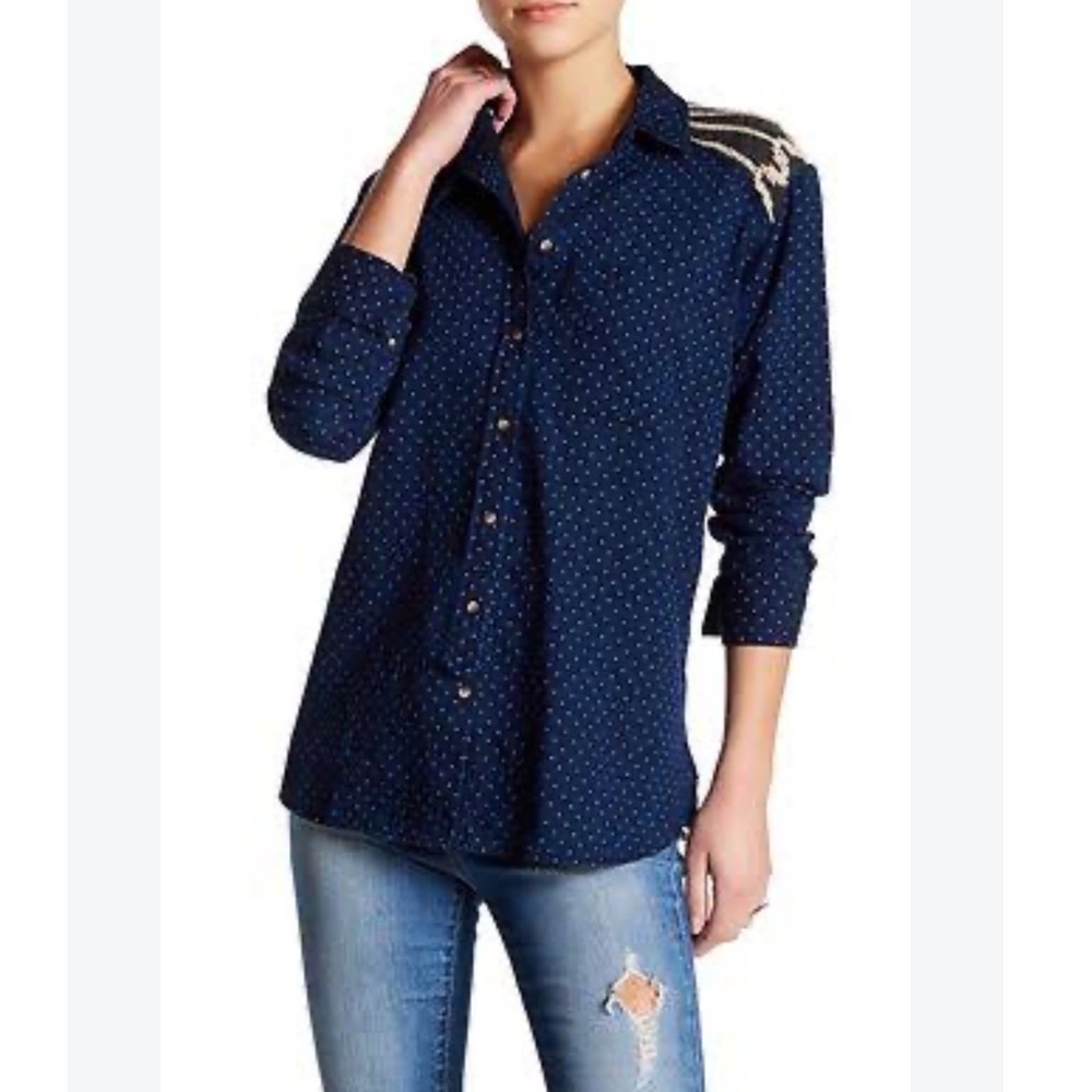 Free People Sage Button Up Navy Polka Dot Fair Isle Knit Yoke Shirt Small
